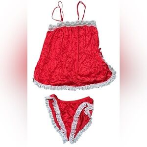 Vintage 1970s Jennifer Dale Red White Lace Nylon Pajama Set Size 13